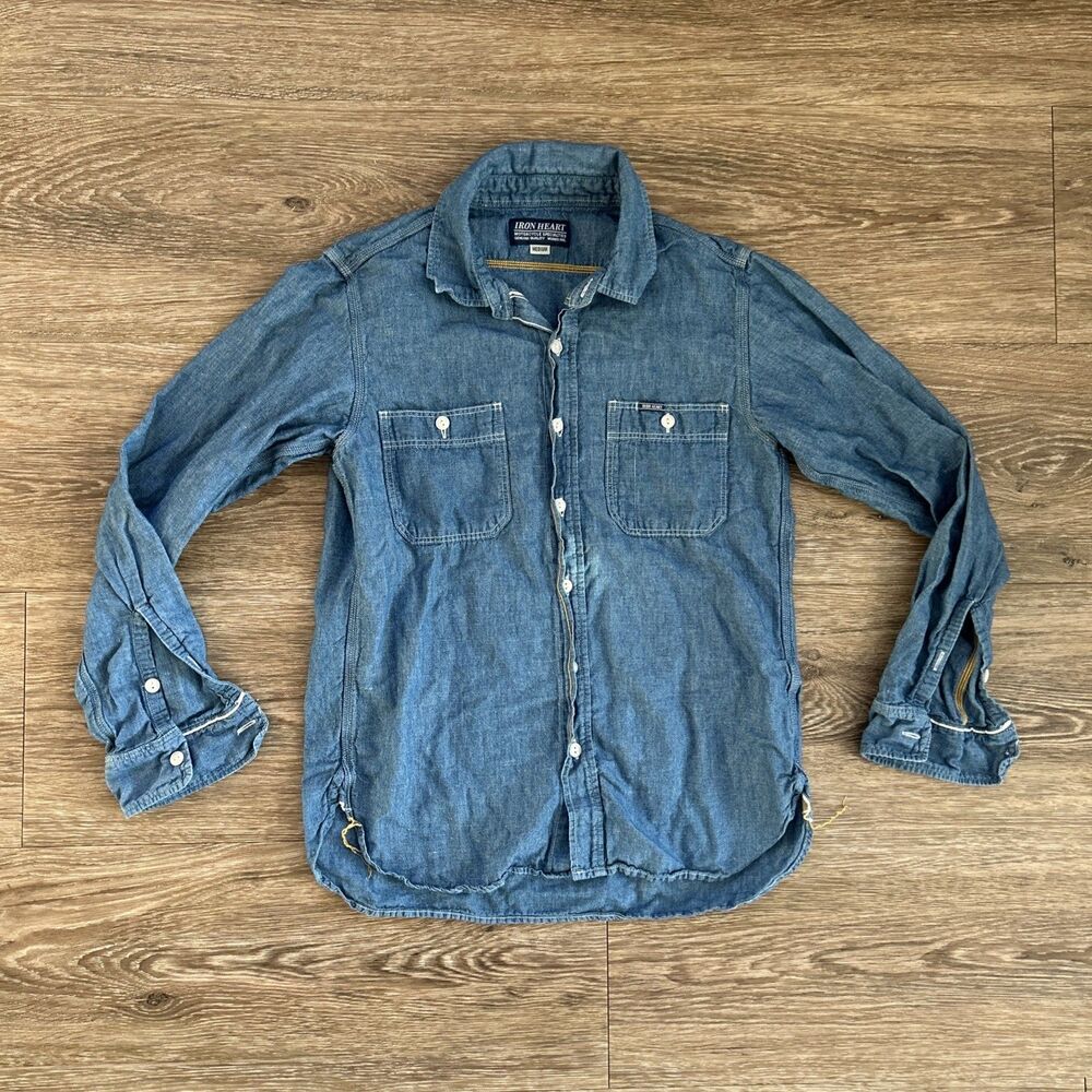 IRON HEART Indigo Cotton Linen Chambray Work Shirt M Japan Gusseted Selvedge